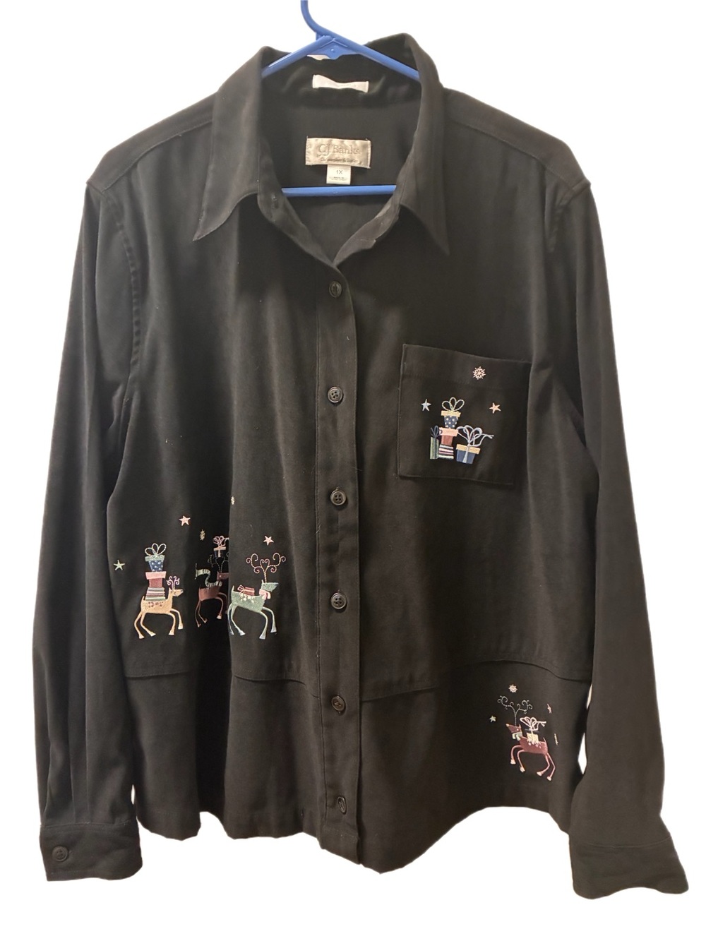 CJ Banks Black Button-Down Shirt with Colorful Reindeer & Gift Embroidery